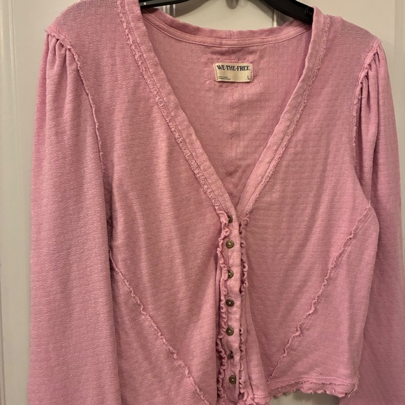 We The Free Women Cardigan Pink Cotton Blend Long Sleeve Button Ruffle Top Large - Picture 2 of 11